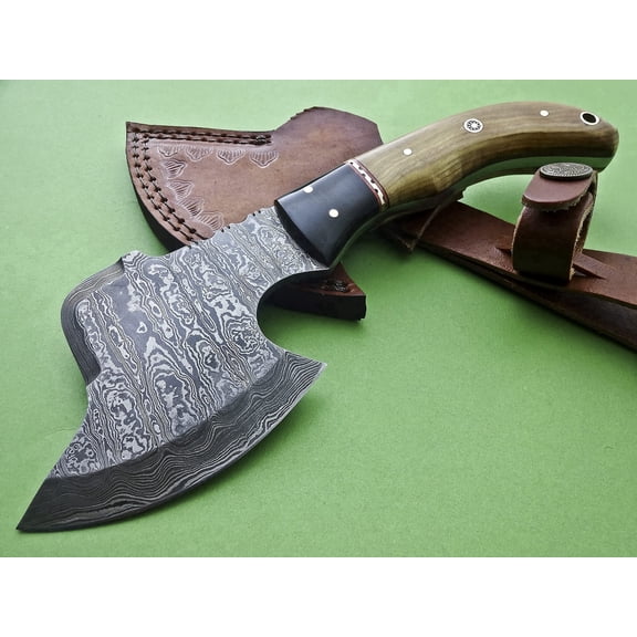 Poshland AX-45 Custom Handmade Damascus Steel 9 Inches Axe - Exotic Wood and Bull Horn Handle