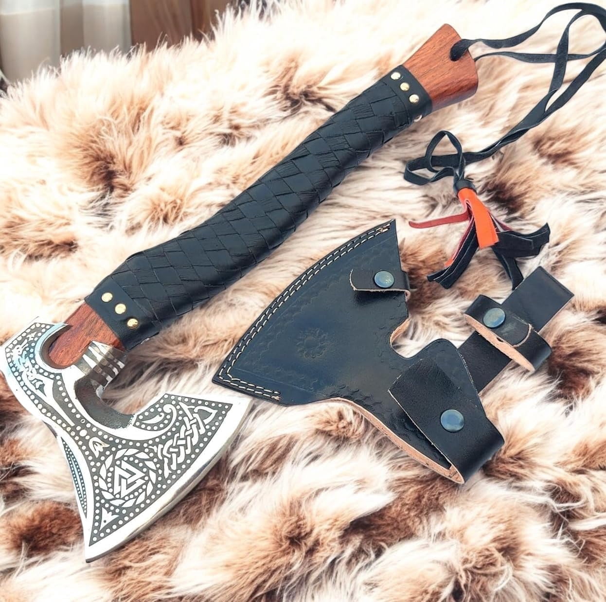Poshland AX-7000 Handmade Camping Hatchet with Wooden Handle, Carbon Steel Outdoor Chopping Tool with Leather Sheath (22”)