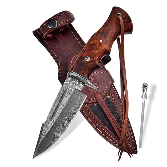 Poshland Custom Handmade Knife – Damascus Steel, Wooden Handle