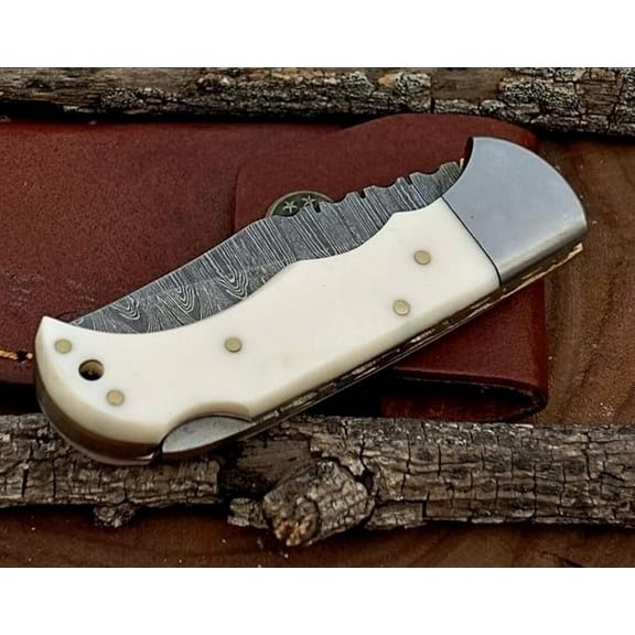 Poshland Damascus Steel Folding Pocket Knife - Handmade, Compact for Camping & Hunting