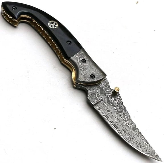 Poshland FNA-32 Handmade Damascus Steel Folding Knife with Black Colored Bone Handle & Sheath