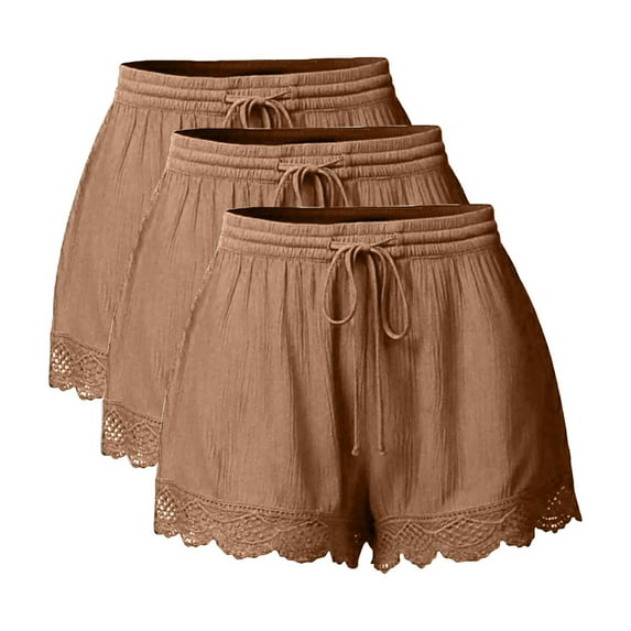 Posijego 2 Pack Women's Shorts Lace Trim Casual Lounge Shorts Solid Color Summer Beach Shorts Multipack