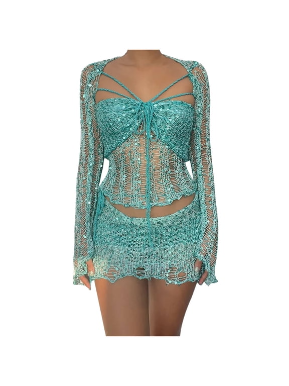 2 Piece Outfit for Women Sequin Crochet Knit Long Sleeve Crop Top Mini Skirt Set Evening Clubwear