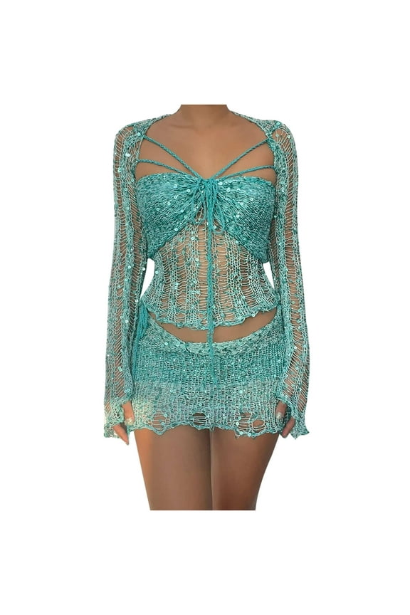 2 Piece Outfit for Women Sequin Crochet Knit Long Sleeve Crop Top Mini Skirt Set Evening Clubwear