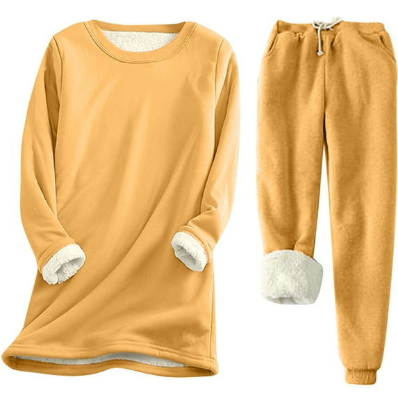 Posijego 2 Piece Outfits for Women Winter Fleece Lined Sweatshirt with Plush Jogger Pants Warm Pajamas Lounge Sets