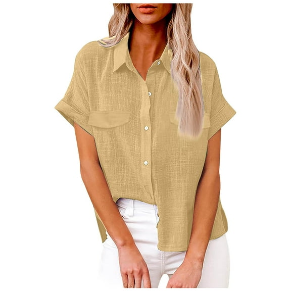 Posijego 2025 Summer Women's Cotton Linen Shirts Short Sleeve Button down Shirt Casual Work Beach Tops