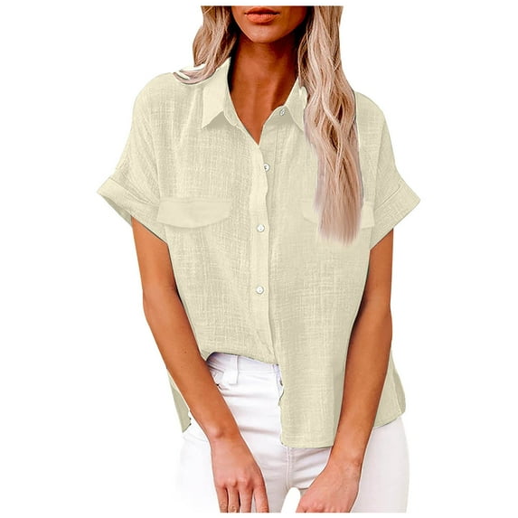 Posijego 2025 Summer Women's Cotton Linen Shirts Short Sleeve Button down Shirt Casual Work Beach Tops