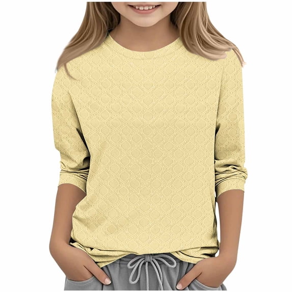 Posijego 3-12 Years Girls 3/4 Sleeve Shirts Summer Crewneck Tops Kids Girls Stretch Loose Casual T-Shirts Solid Color
