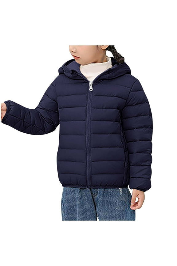 3-16T Girls Boys Puffer Jacket Hooded Zip up Warm Lightweight Winter Coat Kids Outerwear Solid Color