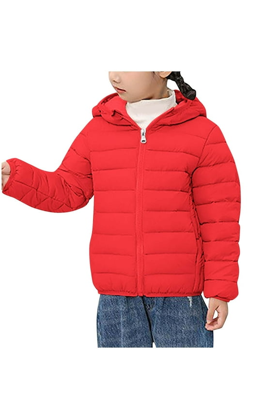 3-16T Girls Boys Puffer Jacket Hooded Zip up Warm Lightweight Winter Coat Kids Outerwear Solid Color