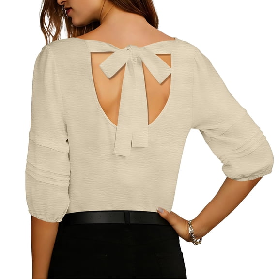 Posijego 3/4 Length Sleeve Tops for Women Tie Bowknot Back Dressy Blouses Spring Casual Loose Tunic Shirts