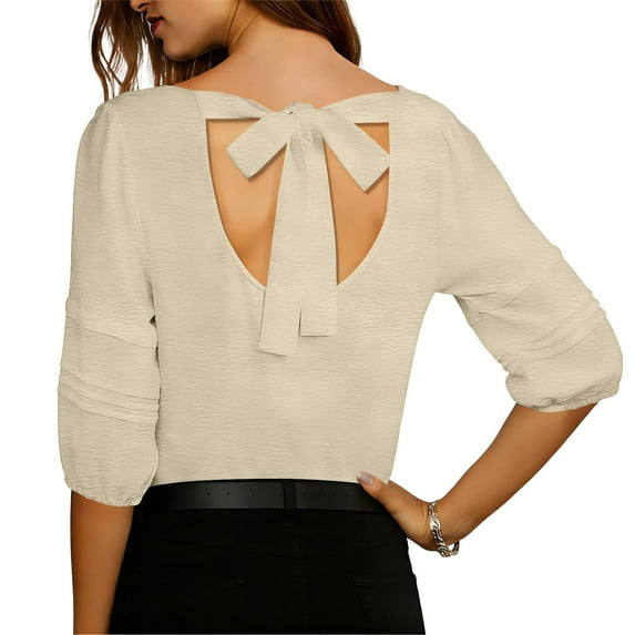 Posijego 3/4 Length Sleeve Tops for Women Tie Bowknot Back Dressy Blouses Spring Casual Loose Tunic Shirts