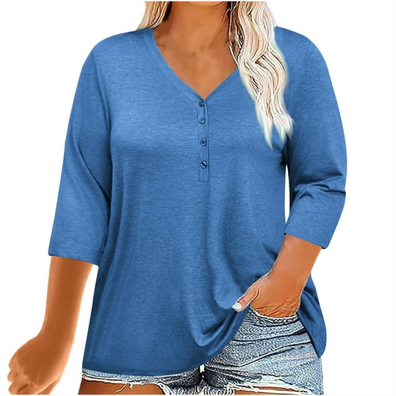 Posijego 3/4 Length Sleeve Women's Plus Size Tops Button V Neck Casual Shirts Plus Size Dressy Blouses