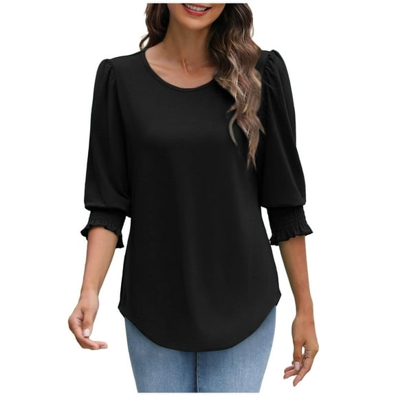 Posijego 3/4 Length Sleeve Women's Tops Smocked Cuffs Dressy Casual Blouses Womens Summer Shirts