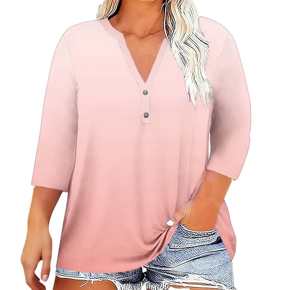 Posijego 3/4 Length Sleeve Womens Tops Plus Size Shirts Dressy V Neck Blouses Classic Spring Casual Tunics Shirts