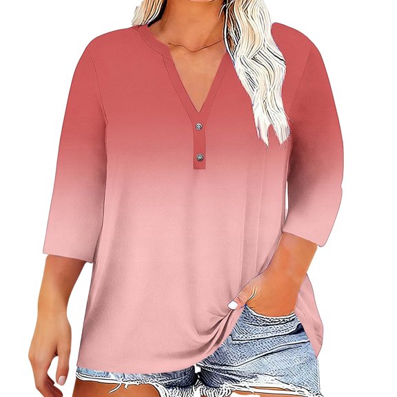Posijego 3/4 Length Sleeve Womens Tops Plus Size Shirts Dressy V Neck Blouses Classic Spring Casual Tunics Shirts