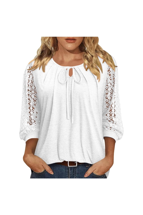 3/4 Length Sleeves Tops for Women Tie Front Keyhole Neck Summer Tunic Tops Loose Casual Dressy Blouses for Women