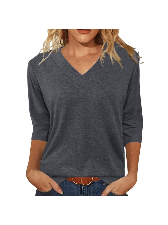3/4 Sleeve Shirts for Women V Neck Casual T-Shirts Plain Basic Tee Summer Loose Tunic Tops Womens Clothes