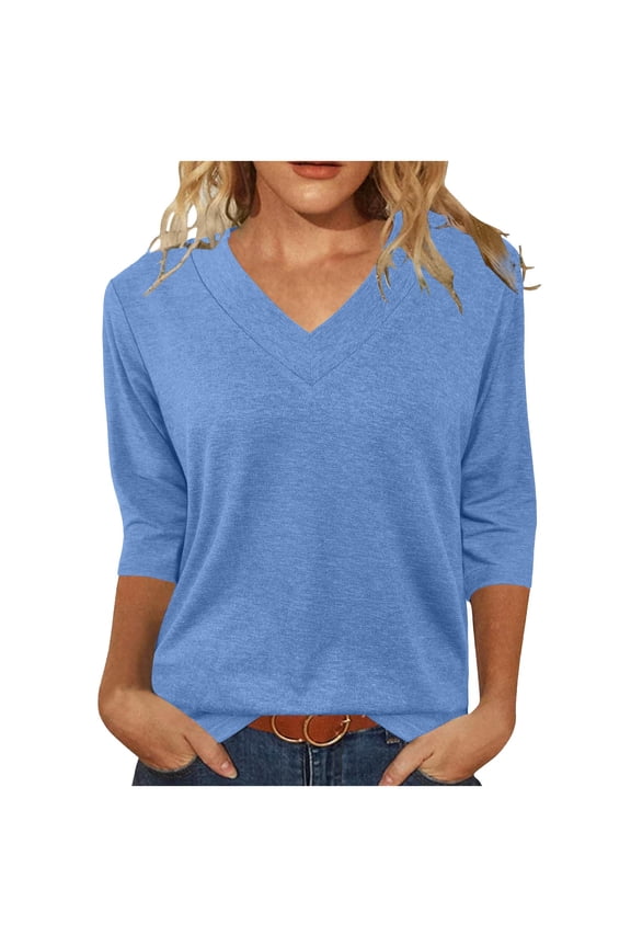 3/4 Sleeve Shirts for Women V Neck Casual T-Shirts Plain Basic Tee Summer Loose Tunic Tops Womens Clothes
