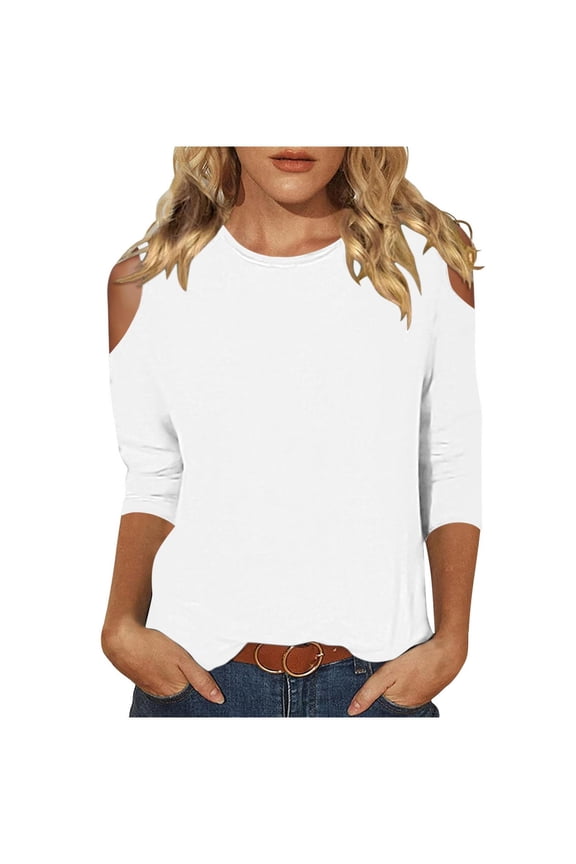 3/4 Sleeve Tee Shirts for Women Cold Shoulder Tops Crewneck Plain Basic T-Shirts Summer Clothes