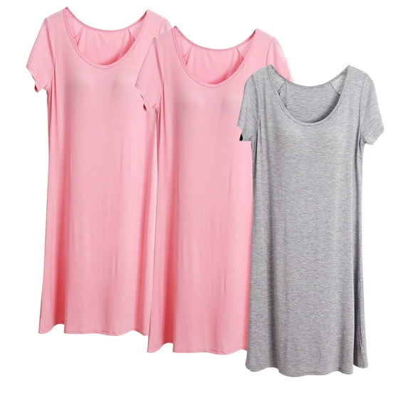 Posijego 3 Pack Nightgowns for Women Soft Sleepshirt Built-In Bra Nightshirt Round Neck Sleepwear Nightdresses