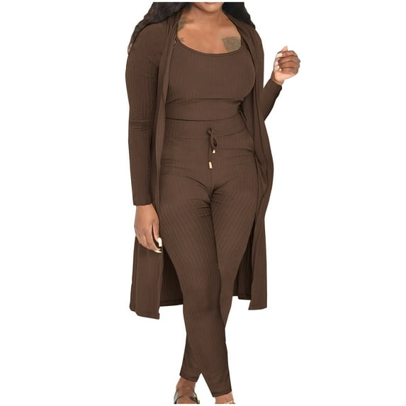 Posijego 3 Piece Lounge Sets for Women Camisole Crop Top Long Cardigan Pants Matching Casual Outfit Home Wear