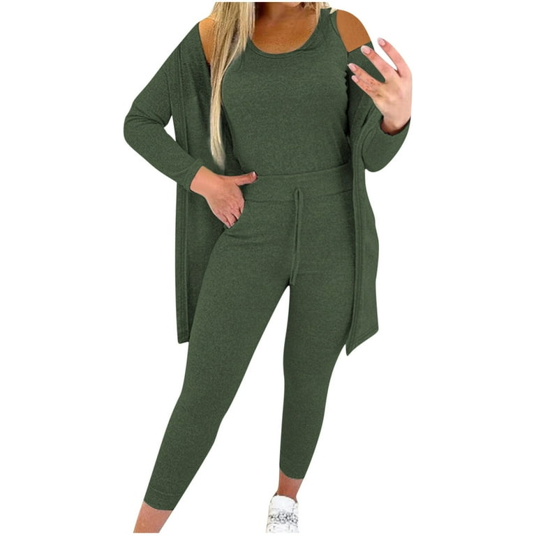 Posijego 3 Piece Outfit for Women Lounge Set Tank Top Open Front Cardigan Pants Sweatsuit Loungewear Women s Size Medium Green