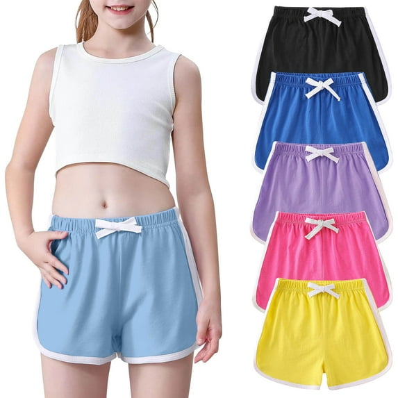 Posijego 5 Pack Toddler Girls Shorts Cotton Casual Running Shorts Elastic Waist Drawstring Athletic Shorts