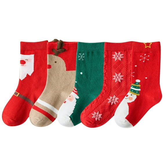 Posijego 5 Pairs Toddler Christmas Socks for Kids Boys Girls Cartoon Printed Crew Socks Cotton Ankle Socks 1-12 Years