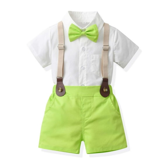 Posijego Baby Boy 2 Piece Outfit Little Boy Gentleman Clothes Bow Tie Short Sleeve Shirt Suspender Shorts Set