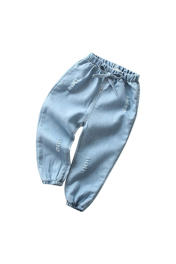 Baby Little Boy Girl Jeans Drawstring High Waist Jogger Denim Pants with Pockets Toddler Kids Clothes