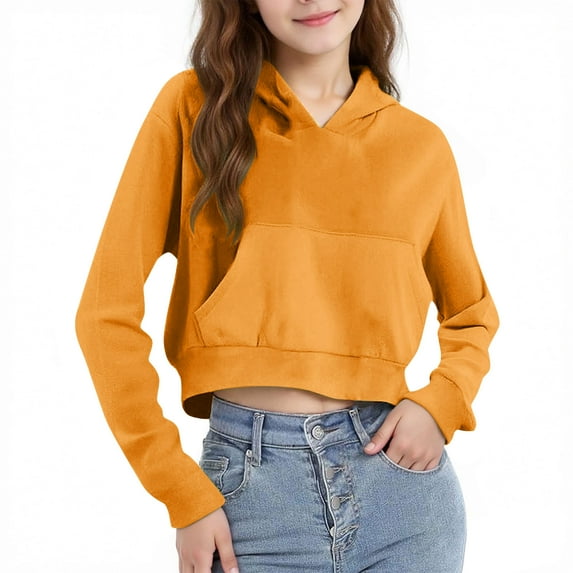 Posijego Big Girls Athletic Hoodies Long Sleeve Hooded Cropped Sweatshirts Solid Color Casual Sports Tops with Pocket