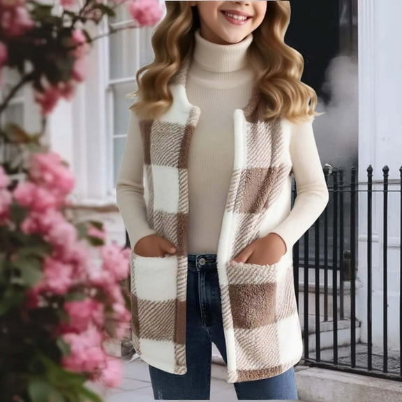 Posijego Big Girls Fleece Vest Jacket Plaid Fuzzy Sleeveless Outerwear Vest Girls Open Front with Pockets