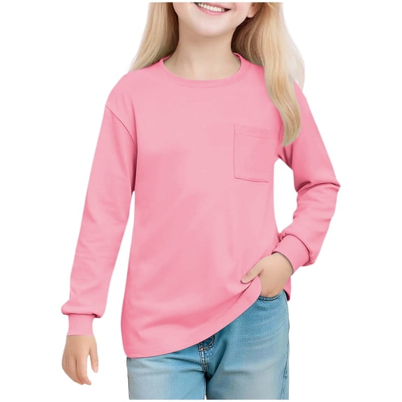 Posijego Big Girls Pocket T-Shirts Plain Long Sleeve Shirt Little Girl Crew Neck Soft Basic Tee Shirts 5-14 Years