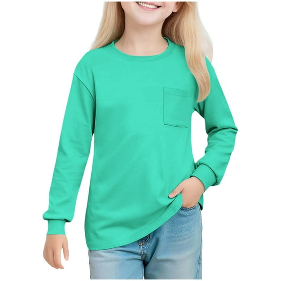 Posijego Big Girls Pocket T-Shirts Plain Long Sleeve Shirt Little Girl Crew Neck Soft Basic Tee Shirts 5-14 Years