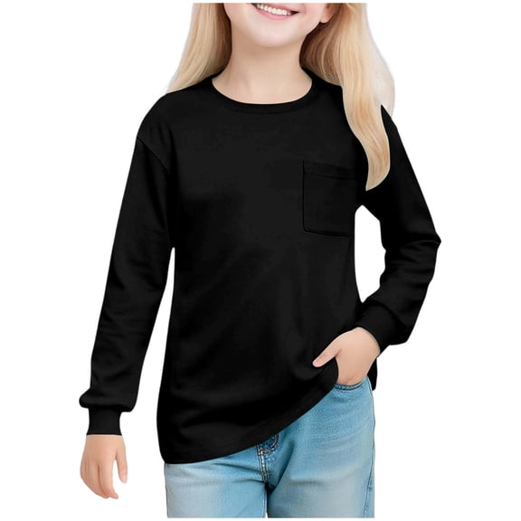 Posijego Big Girls Pocket T-Shirts Plain Long Sleeve Shirt Little Girl Crew Neck Soft Basic Tee Shirts 5-14 Years