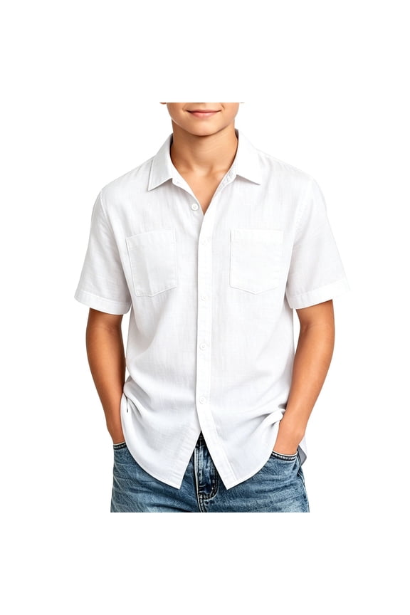 Boys Button down Uniform Shirts Casual Short Sleeve Cotton Linen Shirt School Uniform Summer Vacation Shirts