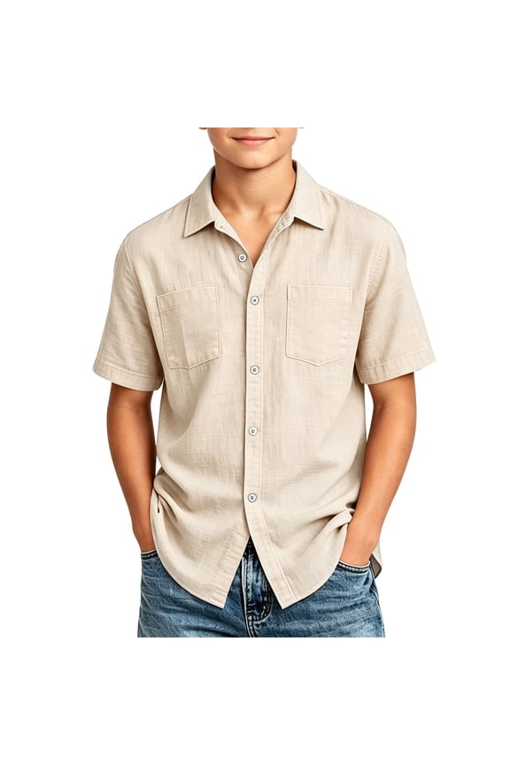 Boys Button down Uniform Shirts Casual Short Sleeve Cotton Linen Shirt School Uniform Summer Vacation Shirts