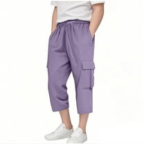 Posijego Boys Cargo Capri Pants Drawstring Elastic Waist Straight Leg High Waisted Cropped Trousers with Pockets
