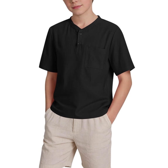 Posijego Boys Cotton Linen T-Shirts Casual Short Sleeve Shirts School Uniform Dress Shirt Summer Tops with Pocket