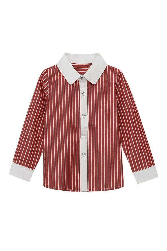 Boys Cotton Shirt Striped Button Down Shirts Kids Long Sleeve Dress Shirts Tops with One Pocket