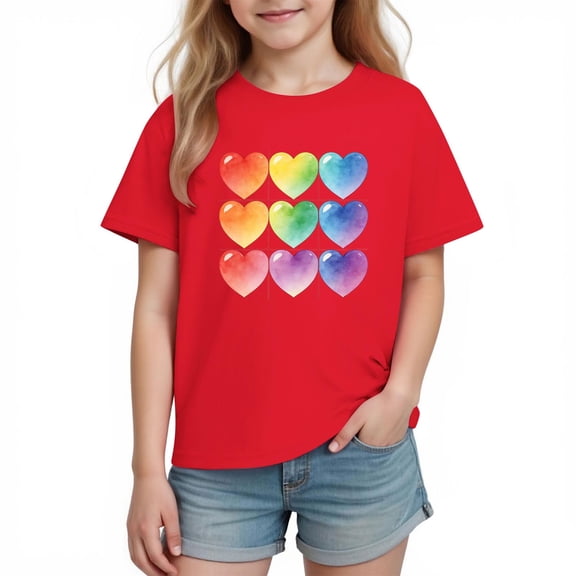 Posijego Boys Girls Cotton T-Shirts Heart Printed Short Sleeve Tops for Kids Valentine's Day Shirts Loose Casual Tees