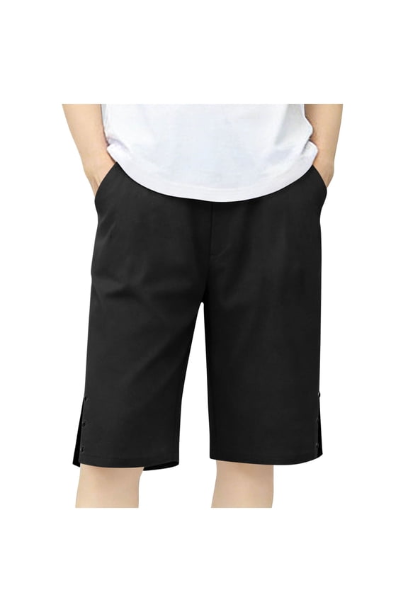Boys Girls School Uniform Shorts Cotton Linen Dress Shorts Elastic Waist Straight Leg Casual Uniforms Shorts with Pockets