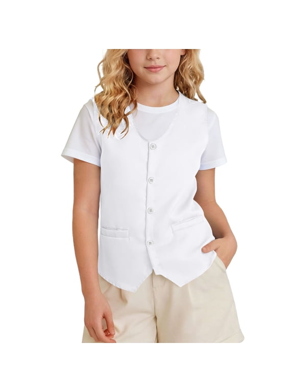 Boys Girls Vest Tops with Pockets Button Closure V Neck Sleeveless Waistcoat Outdoor Travel Activity Cargo Jackets