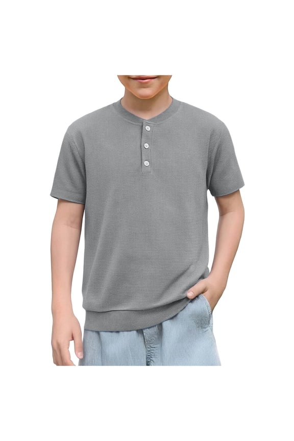 Boys Short Sleeve Shirts Crewneck Buttoned T-Shirts for Little Boys School Uniform Tops Size 4-14 Years