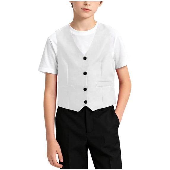 Posijego Boys Suit Vests Tops School Uniform Tops V Neck Sleeveless Waistcoats Uniform Vests with Pockets Size 4-14 Years