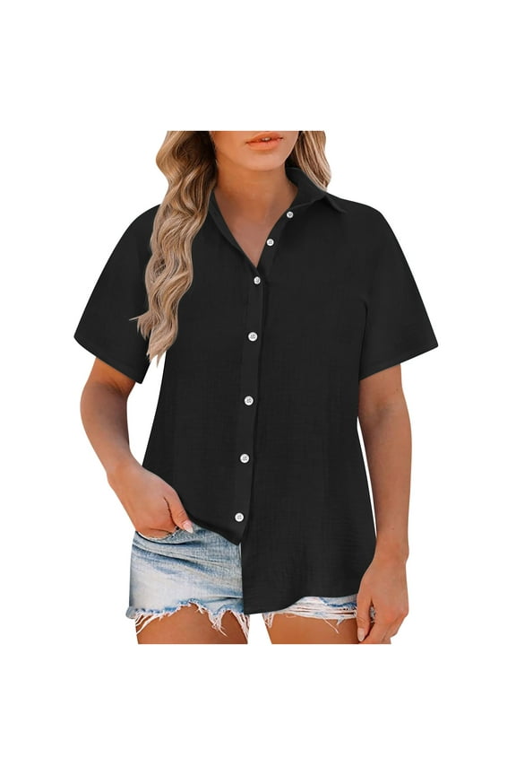 Button Down Shirt for Women Plus Size Short Sleeve Shirts Collared V Neck Summer Cotton Linen Tops
