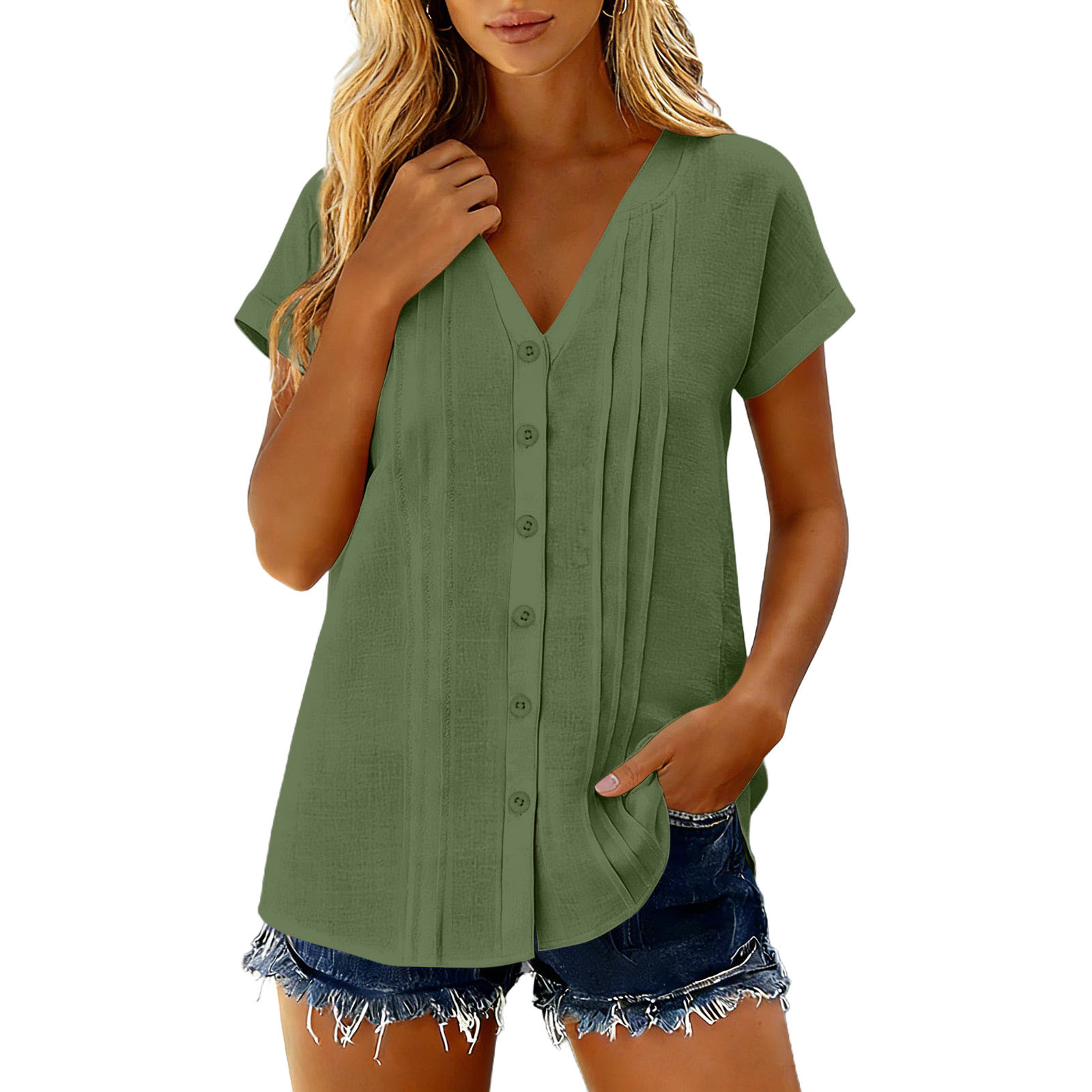Posijego Button down Shirts for Women Cotton Linen Shirt Casual V Neck ...