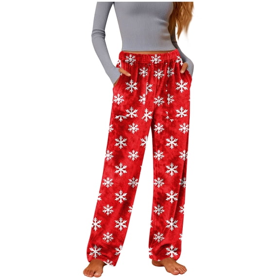 Posijego Christmas Pajama Pants for Women Flannel Fleece Lounge Pants Elastic Waist Wide Leg Soft Pj Pants