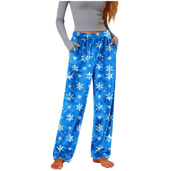 Posijego Christmas Pajama Pants for Women Flannel Fleece Lounge Pants Elastic Waist Wide Leg Soft Pj Pants